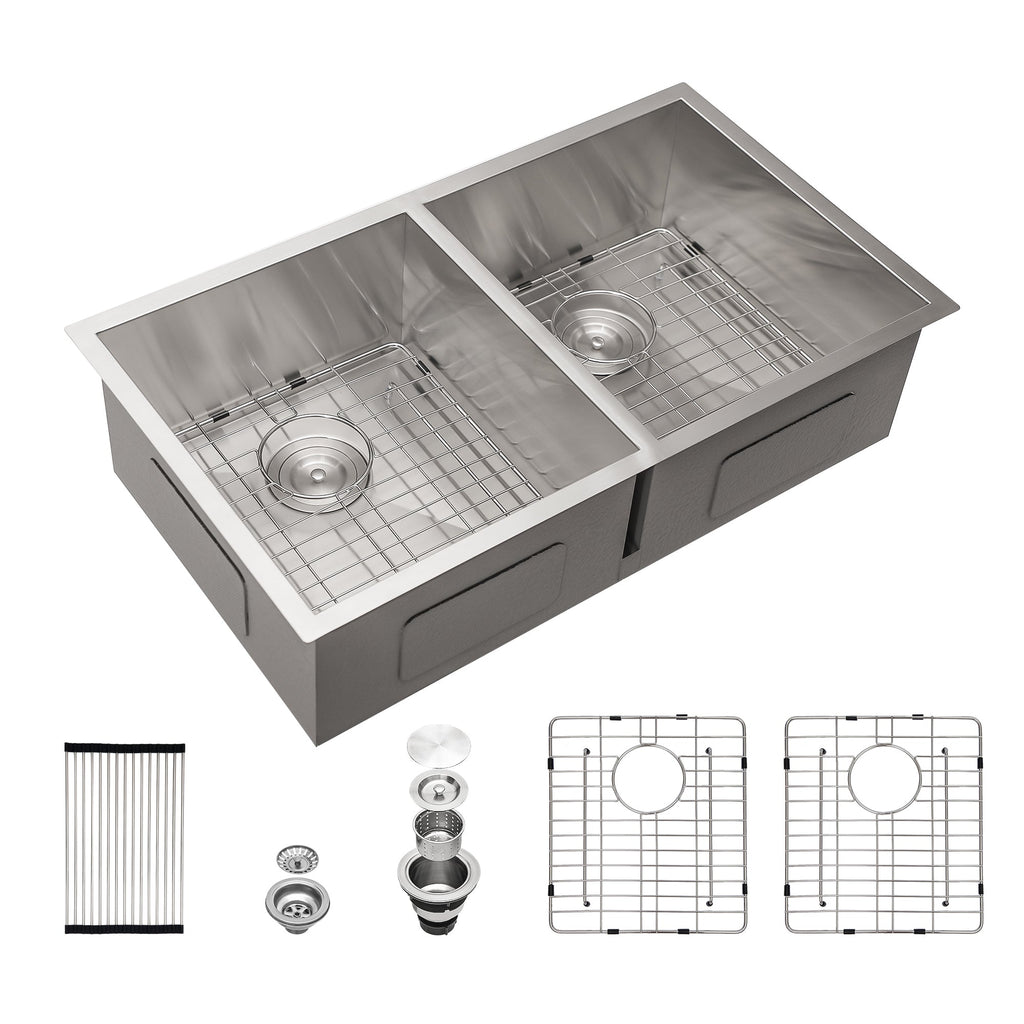 Brushed Nickel Undermount Double Bowl Kitchen Sink 33x19 16 Gauge