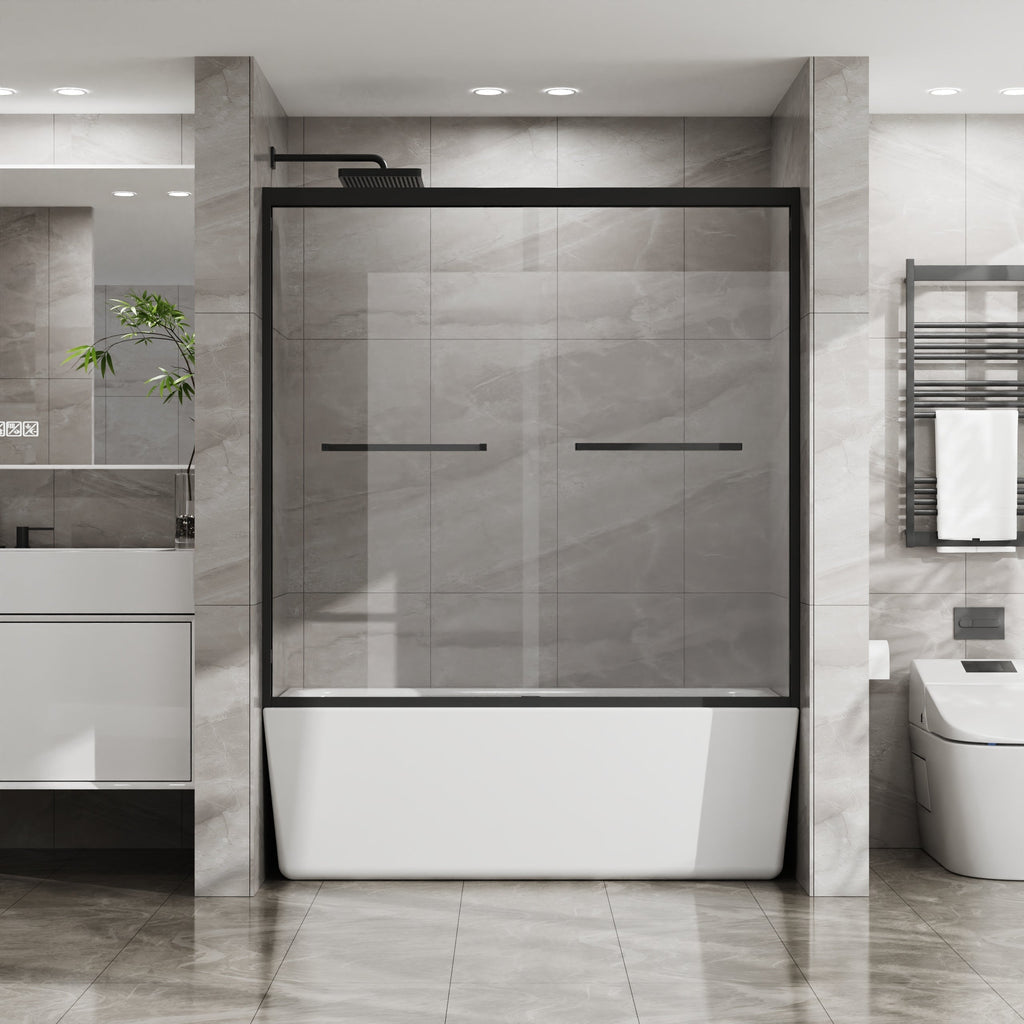 Double Sliding Bathtub Shower Door with SGCC Clear Tempered Glass, Matte Blac