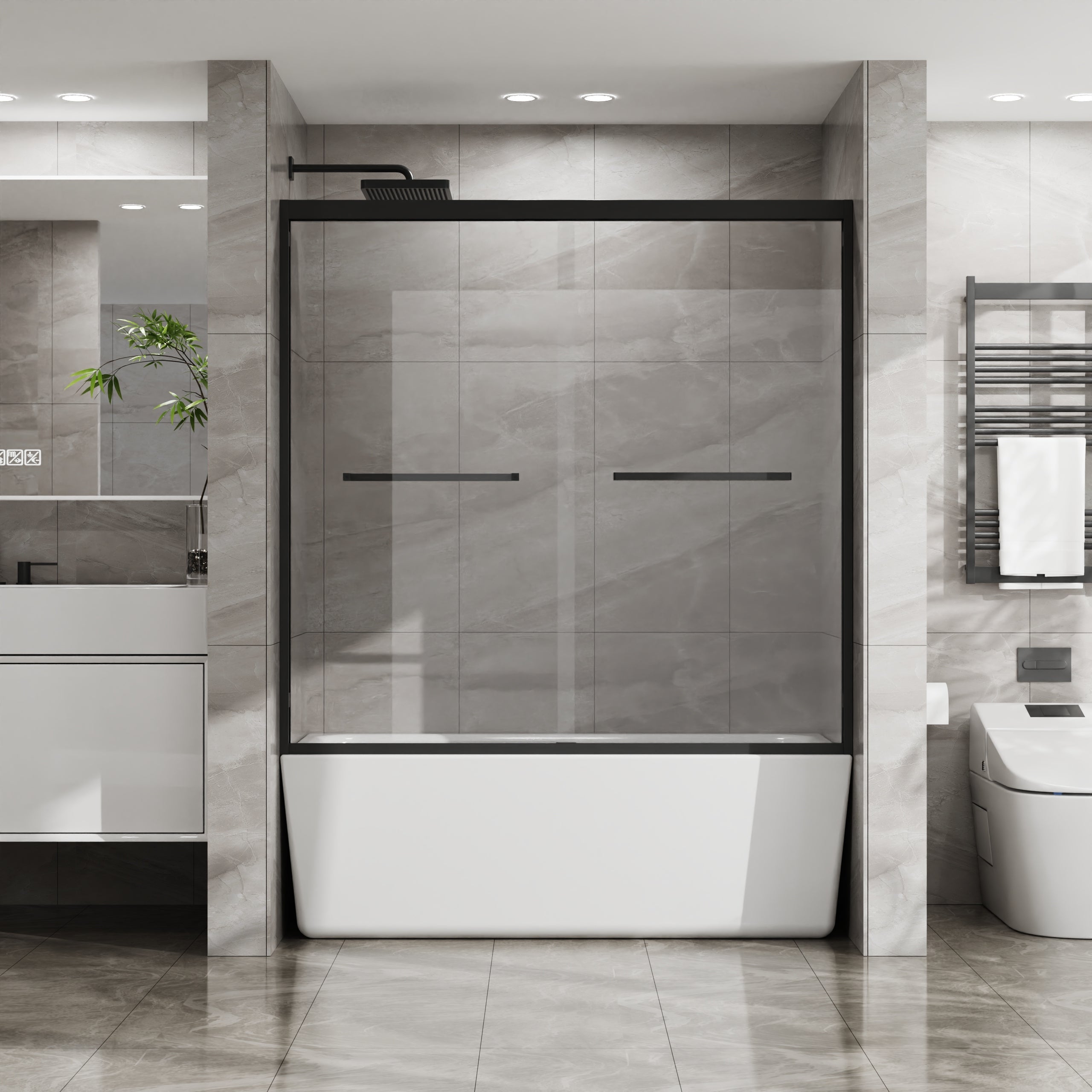 Double Sliding Bathtub Shower Door with SGCC Clear Tempered Glass, Matte Blac