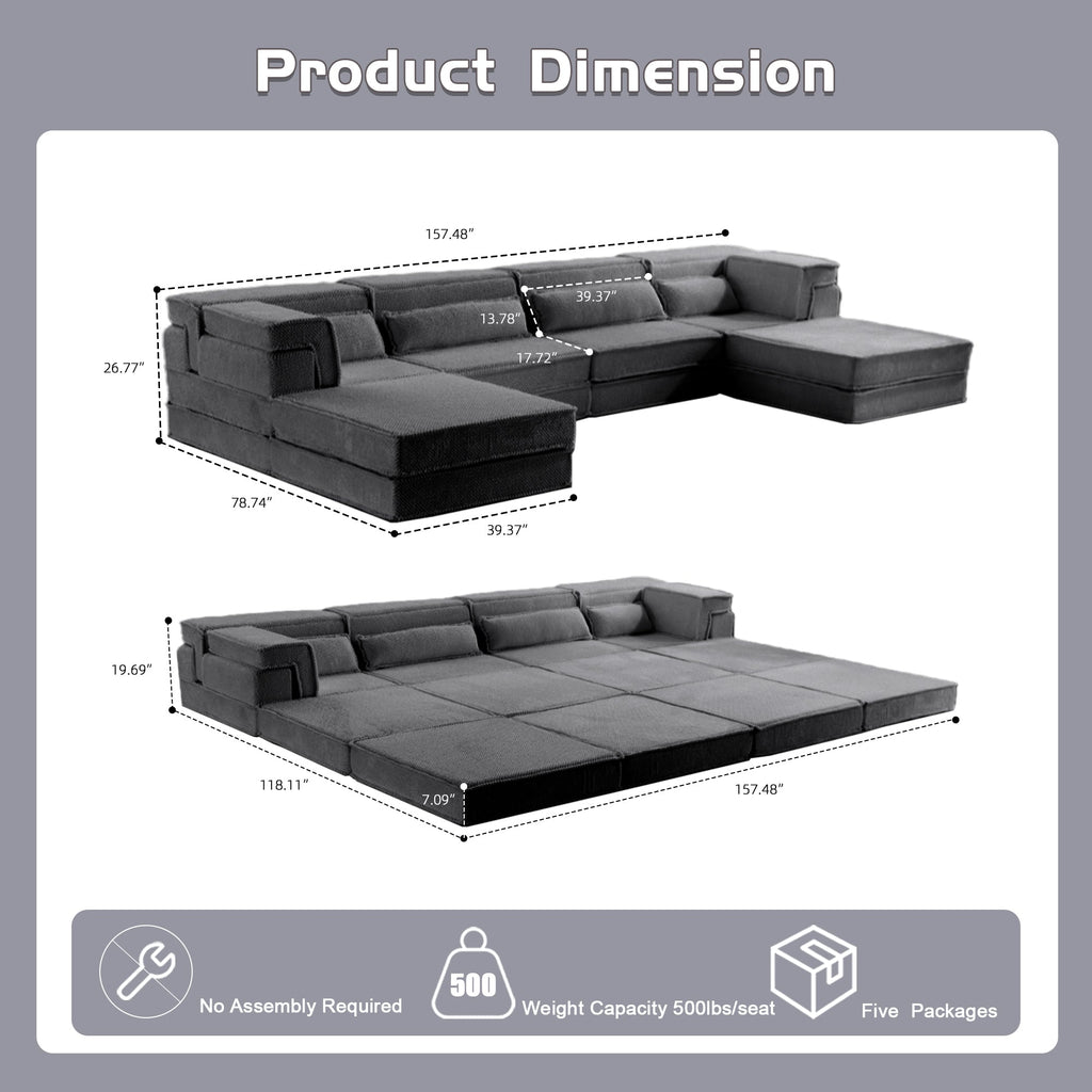 Sectional Sofa Bed Modular Circle Fleece Dark Gray 4 Seat 157 In Convertible