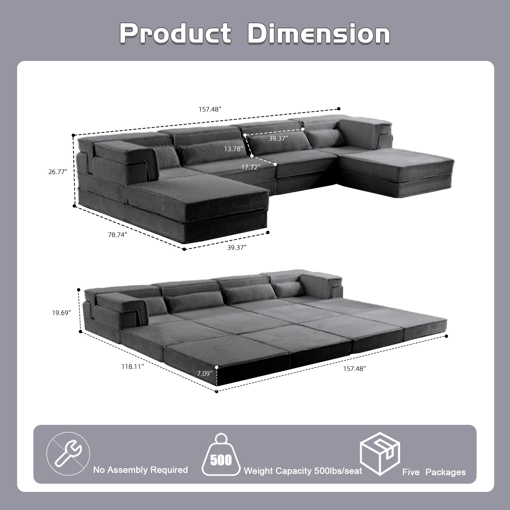 Sectional Sofa Bed Modular Circle Fleece Dark Gray 4 Seat 157 In Convertible