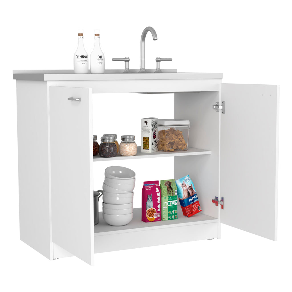 White Double Door Utility Sink Cabinet with Shelf