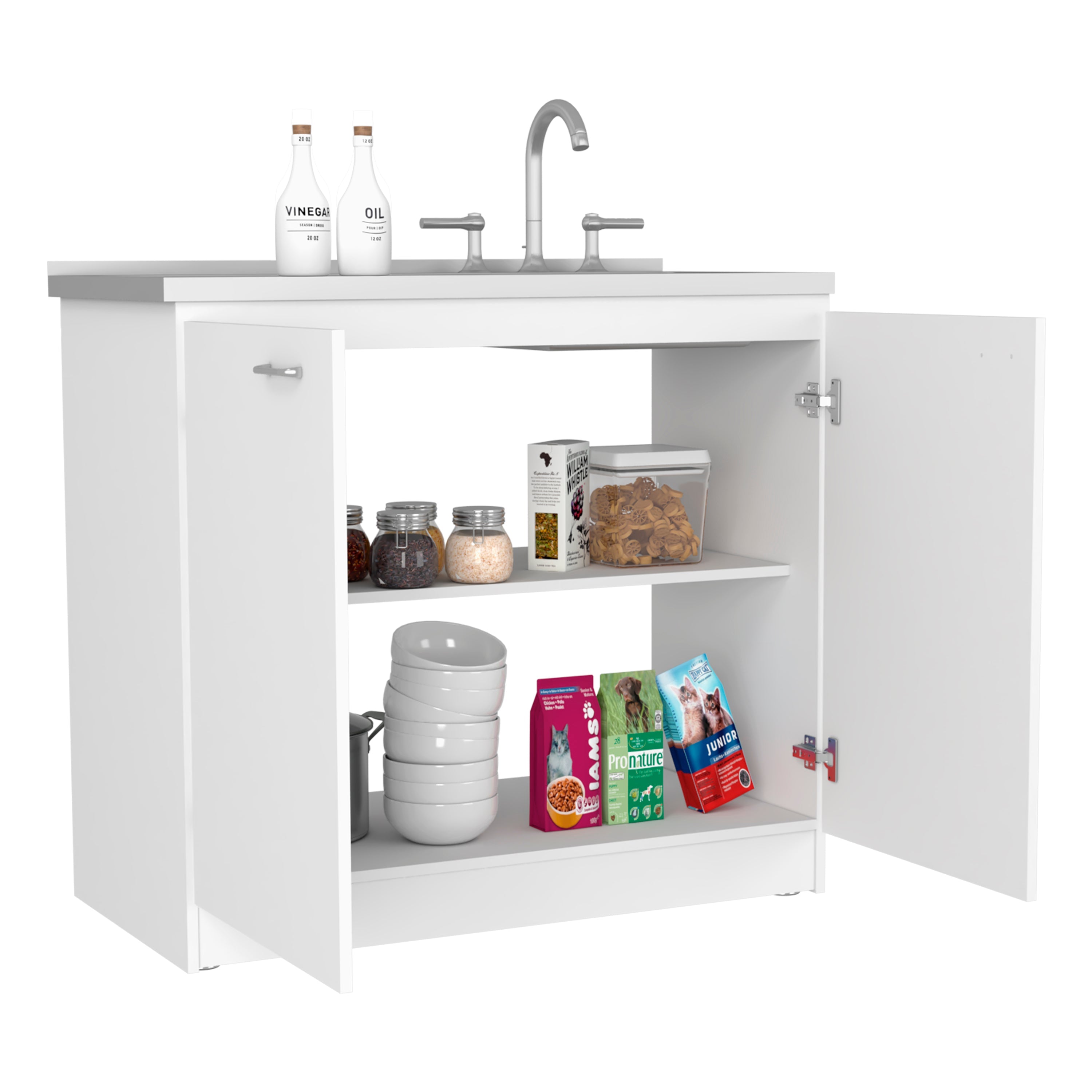 White Double Door Utility Sink Cabinet with Shelf