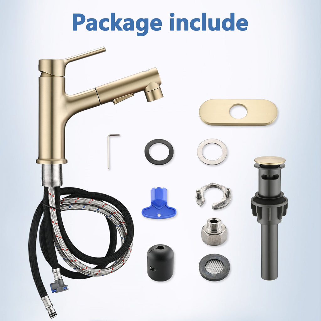 Brushed Gold Single Handle Pull Out Sprayer Bathroom Faucet