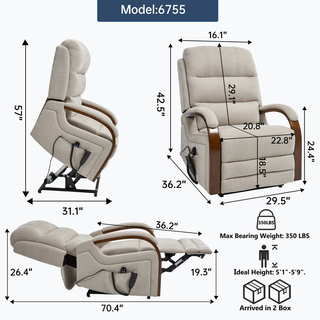 Power Beige Chenille Lift Recliner Chair Dual Motor 350 LBS