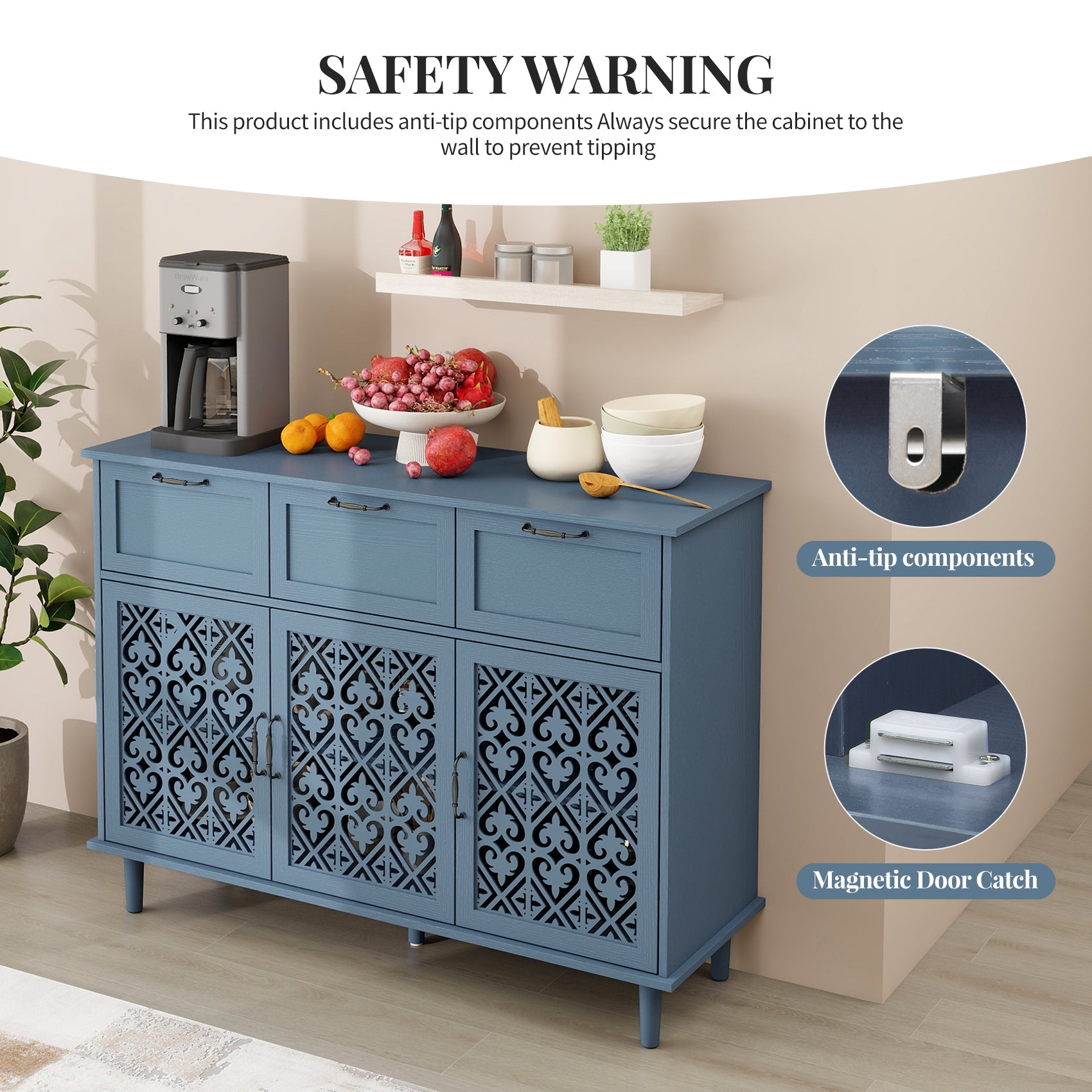 3 Door 3 Drawer Cabinet for Bedroom Living Room Study
