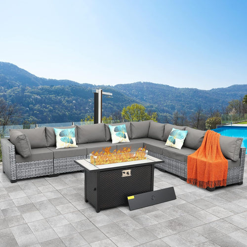 9 Pcs Patio Sectional Outdoor Furniture 45 Inches Fire Pit Outdoor Sectional Patio Furniture 60000 BTU Steel Propane Fire Pit Table Glass Wind Guard No-Slip 5" Cushions Waterproof Covers, Grey