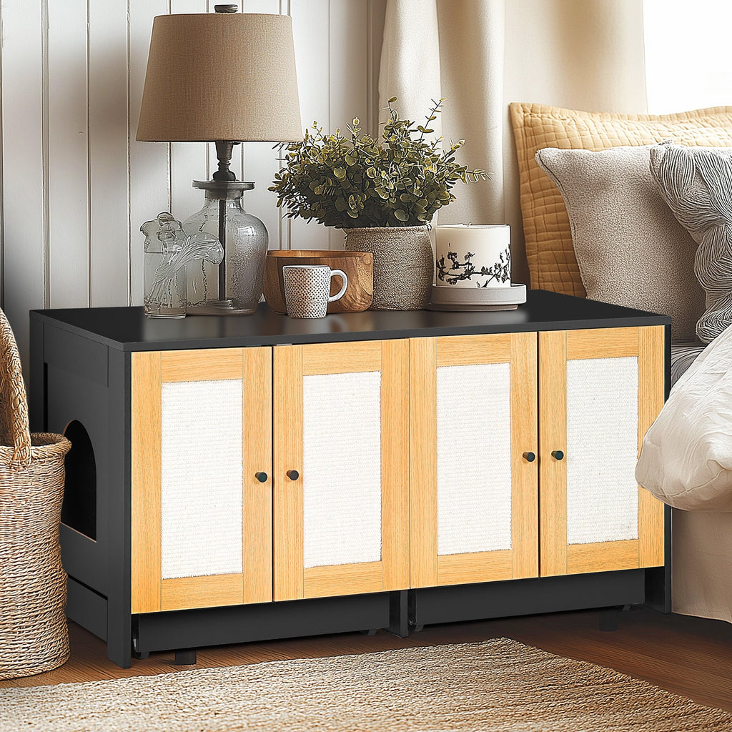 Black Double Litter Box Enclosure with Rattan Doors