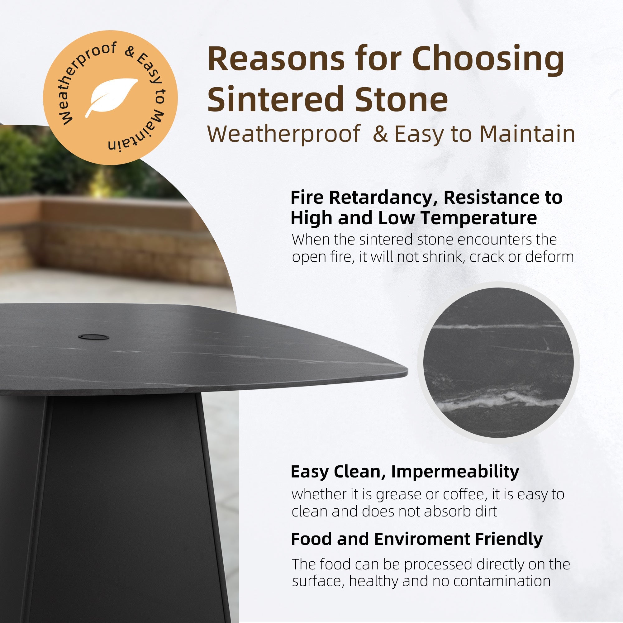 5-Piece Outdoor Dining Set 44" Sintered Stone Table Armchairs