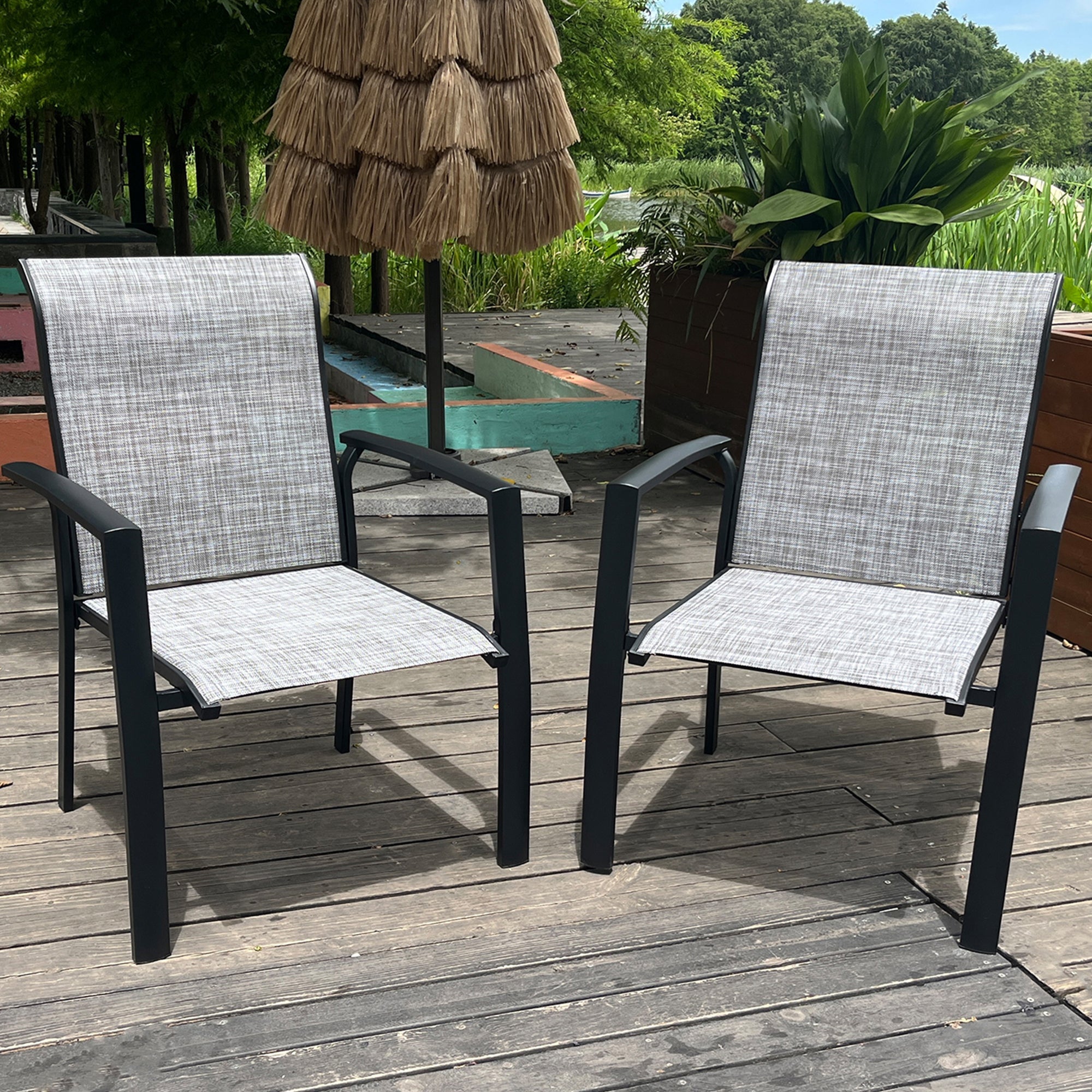 Set of 2 Metal Outdoor Dining Chairs, Black, All Weather