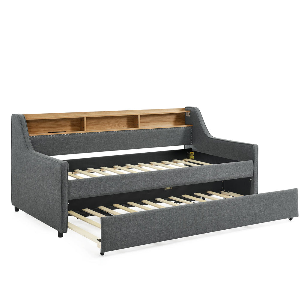 Grey Linen Twin Sofa Bed LED Lights Storage Headboard