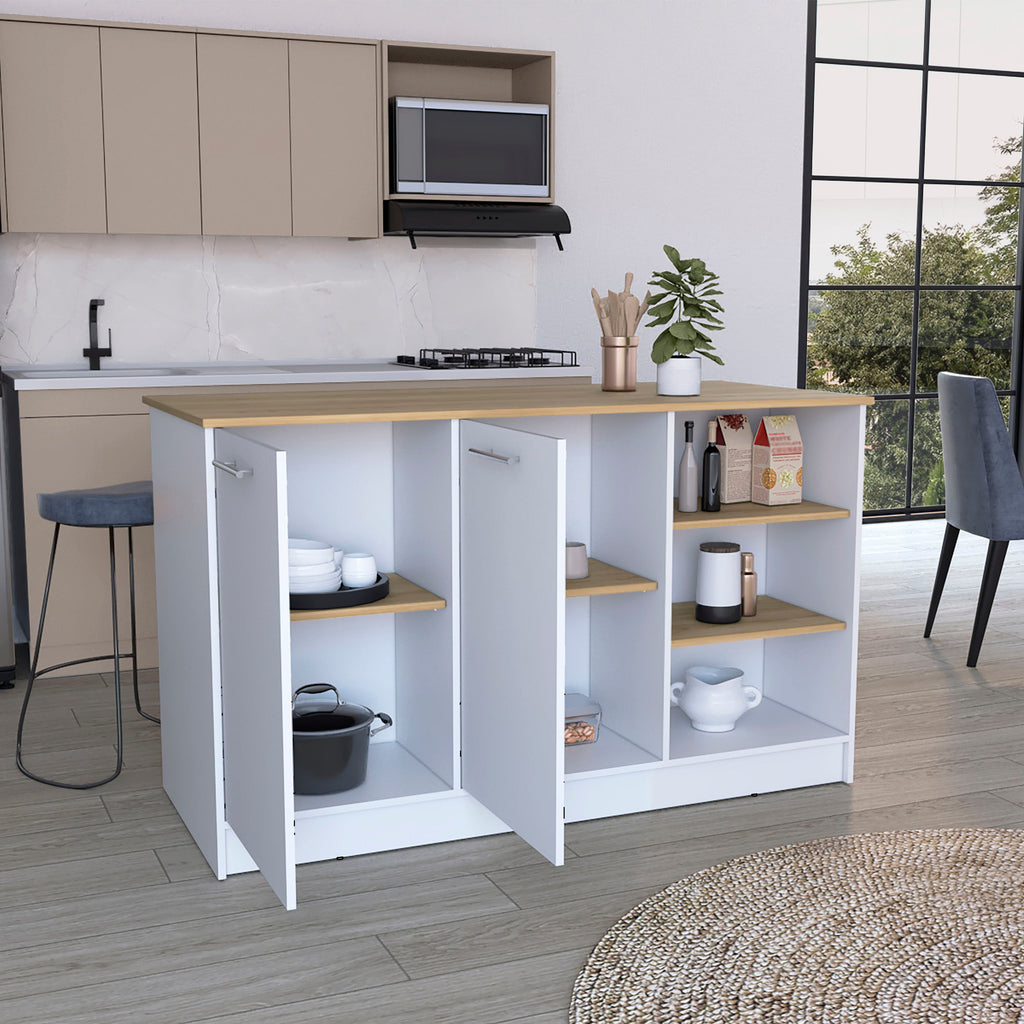 Ginger Kitchen Island with 3 Shelves and 2-Door Cabinets
