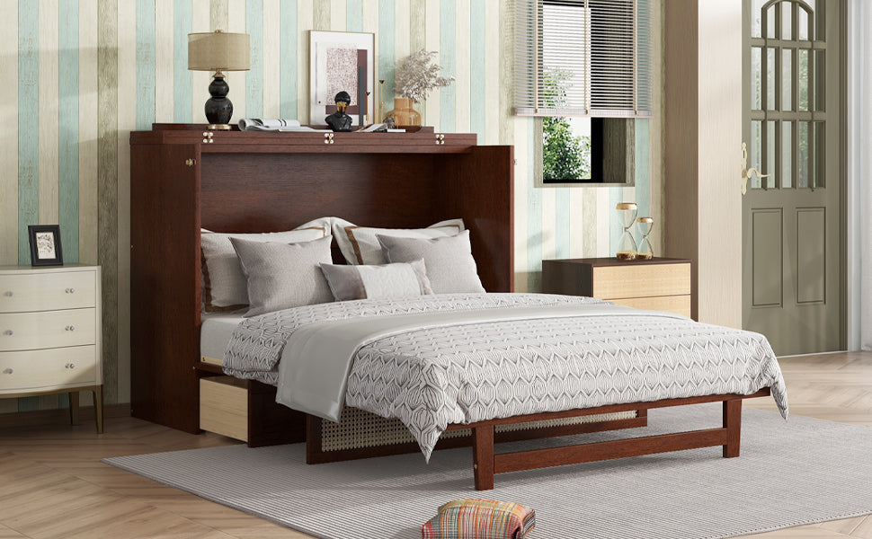 Queen Size Pine Wood Murphy Bed with Storage Drawer