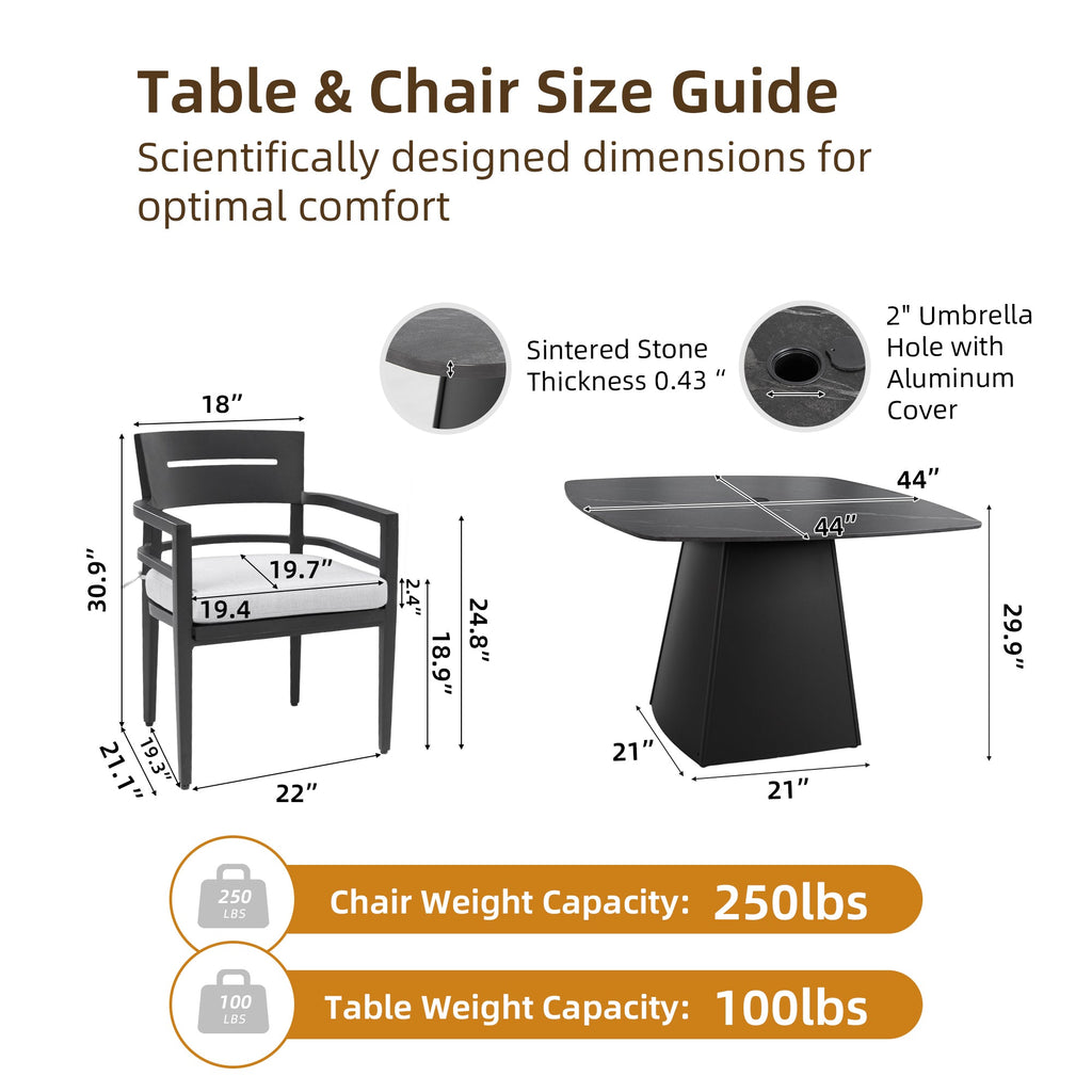 5-Piece Outdoor Dining Set 44" Sintered Stone Table Armchairs