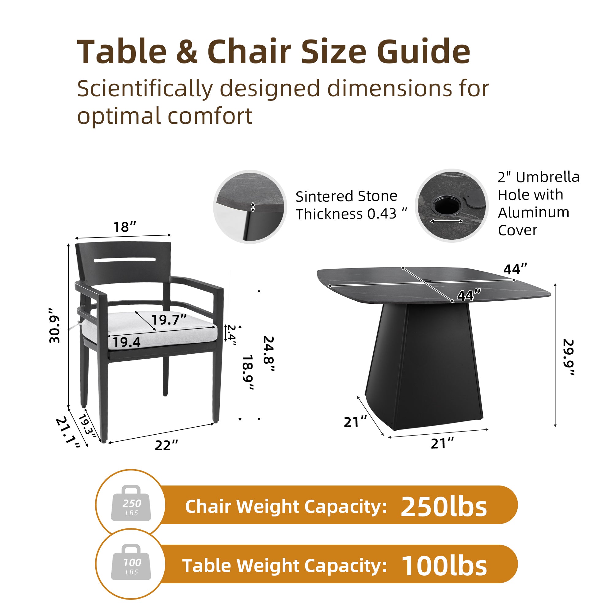 5-Piece Outdoor Dining Set 44" Sintered Stone Table Armchairs