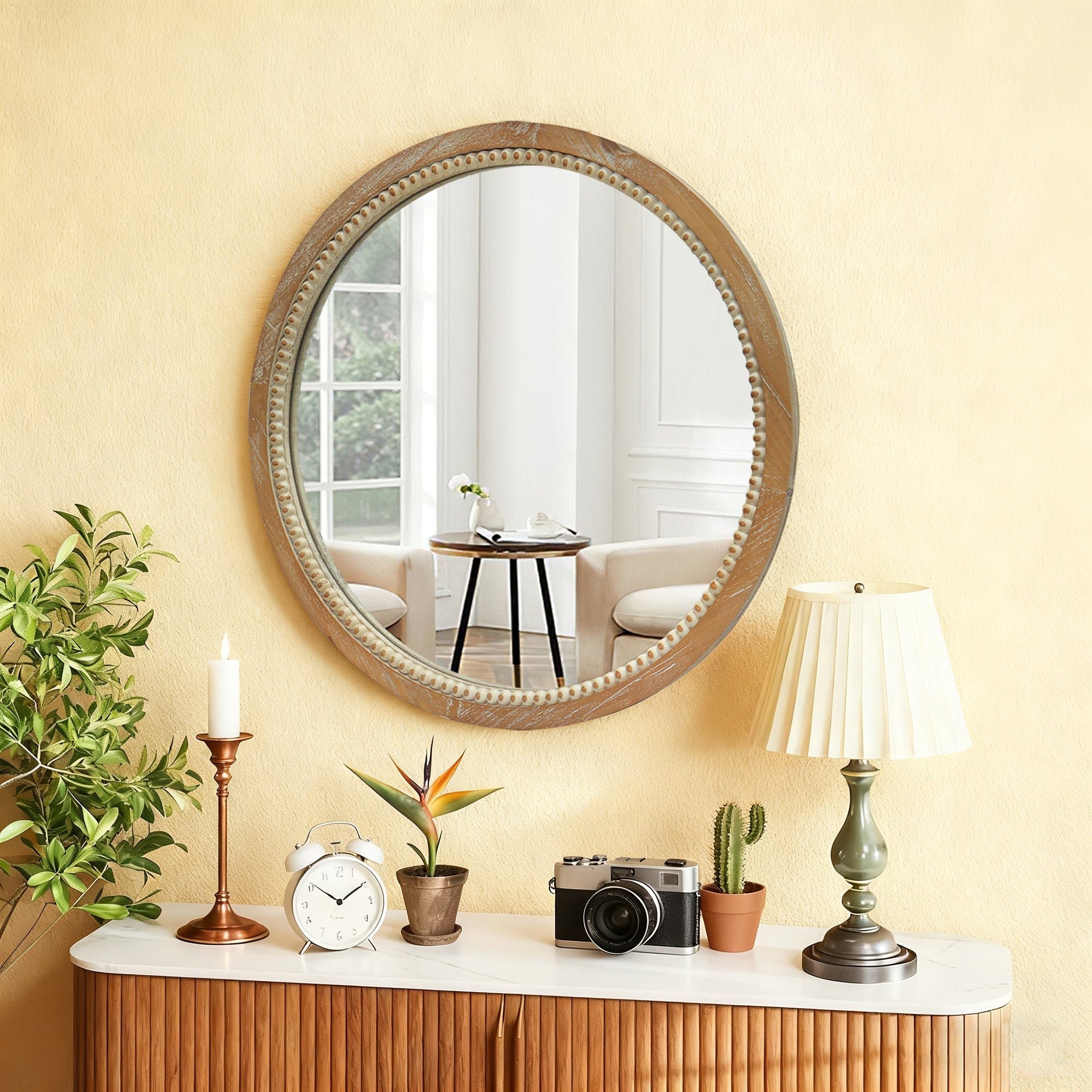Round Beaded Wood Wall Mirror 23.62" Farmhouse Rustic