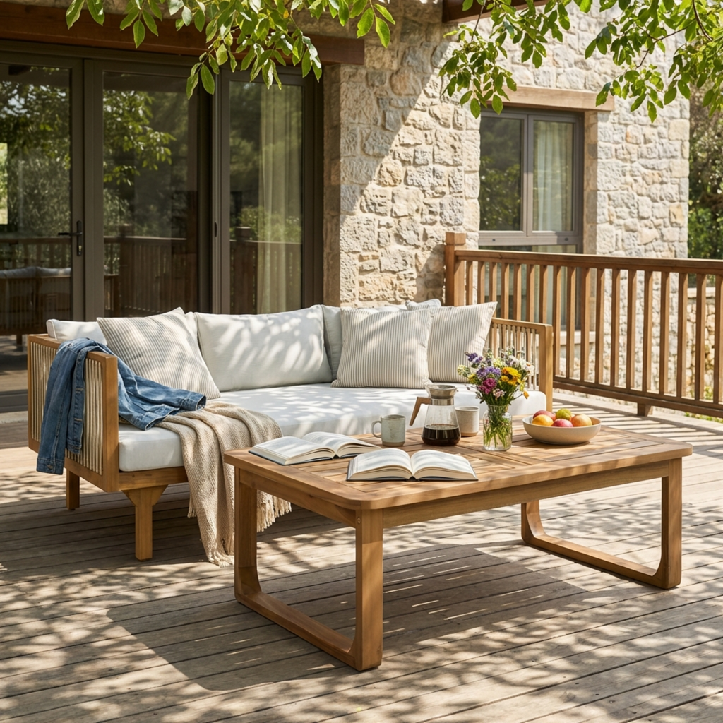 Outdoor Daybed Set Acacia Wood Rope 3 Seater Chaise Lounge