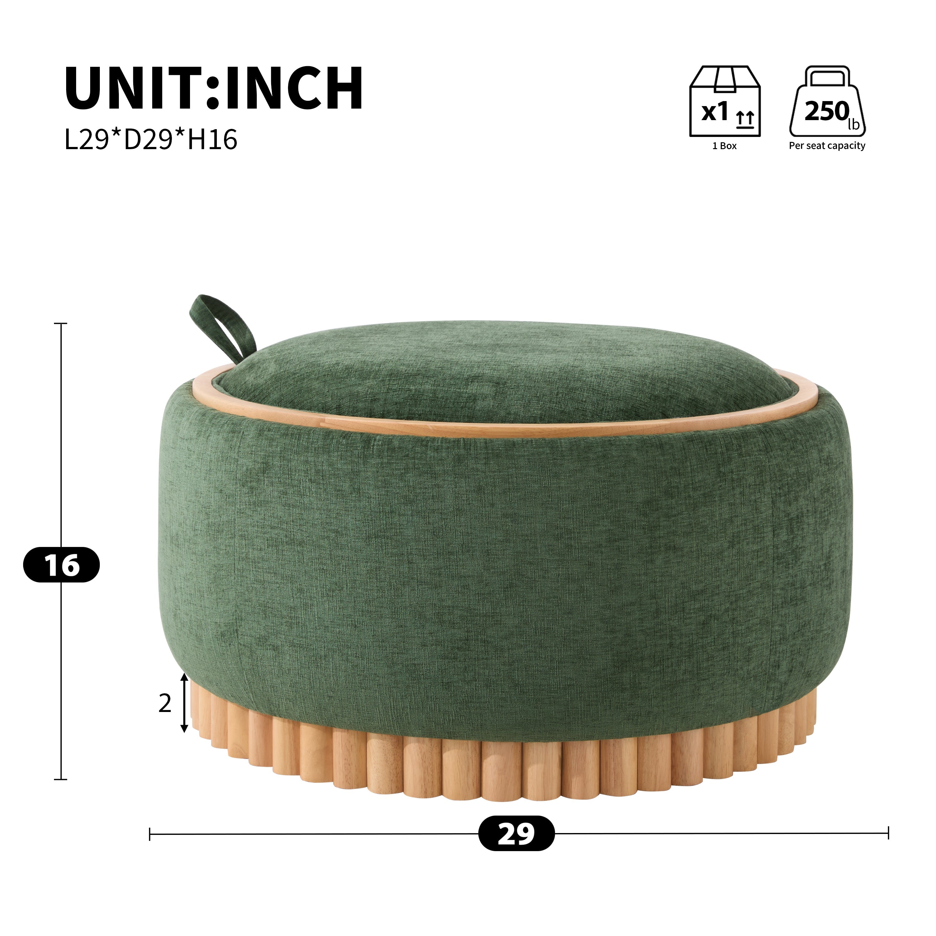 29 Inch Round Storage Ottoman Solid Rubberwood Legs Chenille, Green
