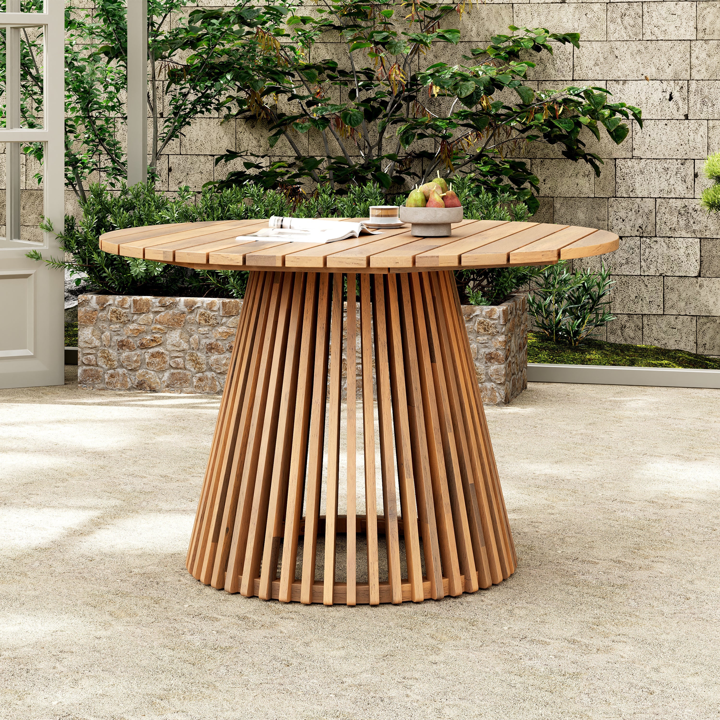 47.25" Round Acacia Wood Patio Dining Table Light Teak