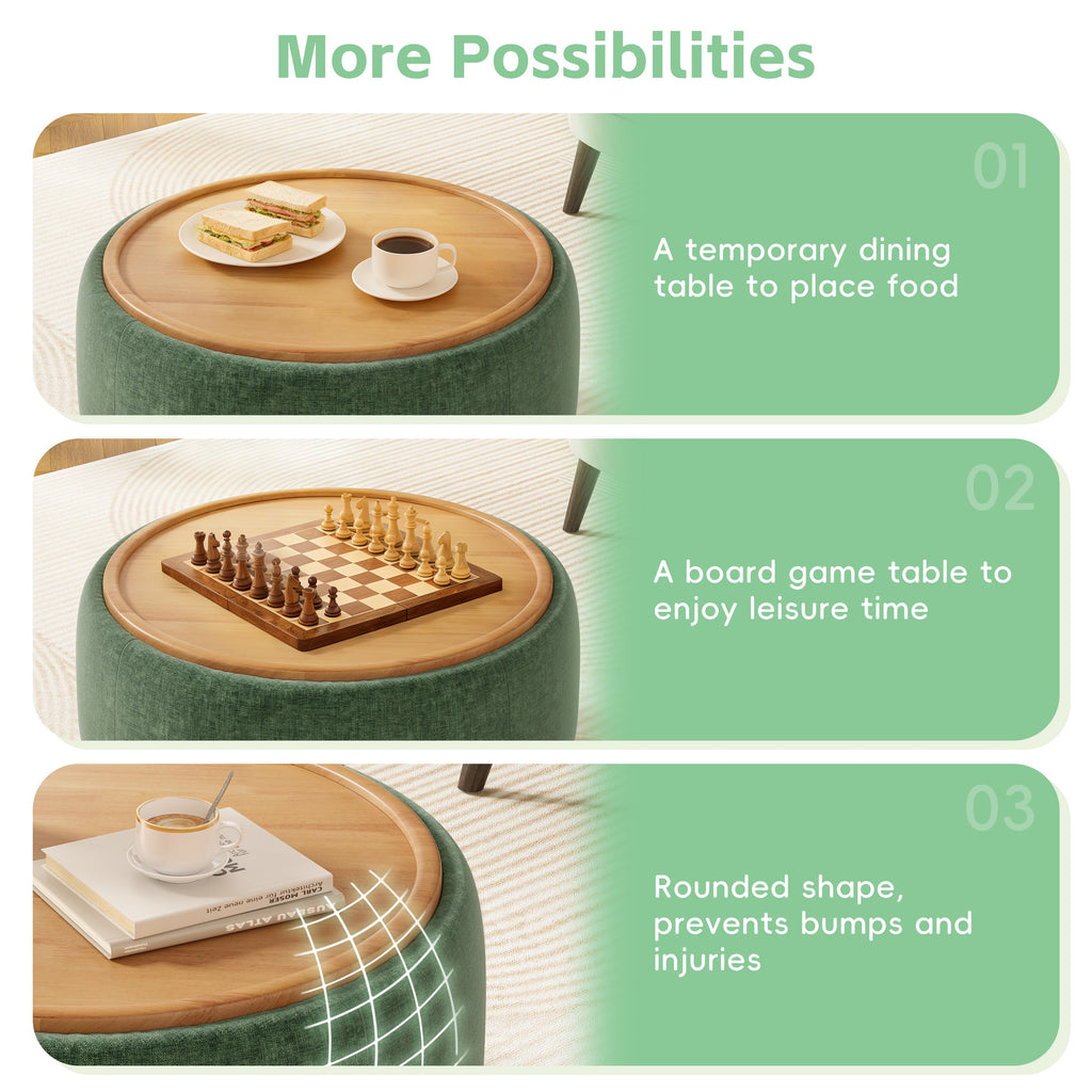 29 Inch Round Storage Ottoman Solid Rubberwood Legs Chenille, Green