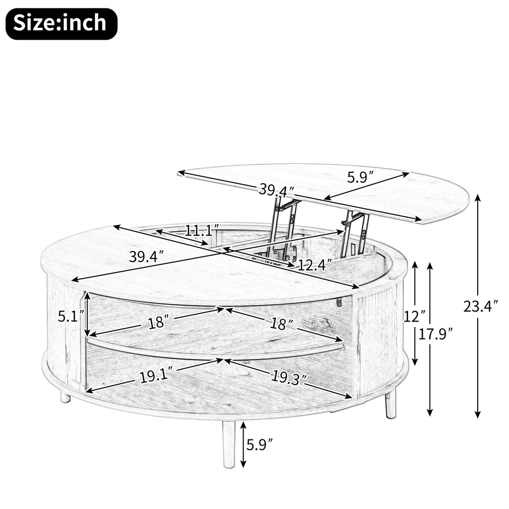 Round Lift-Top Coffee Table with Hidden Storage Sliding Door
