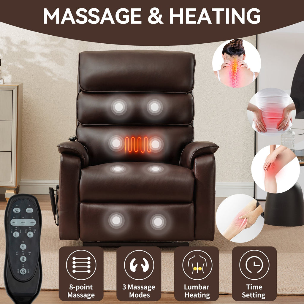 Brown Leather Power Lift Recliner Chair 350 LBS Heat Massage