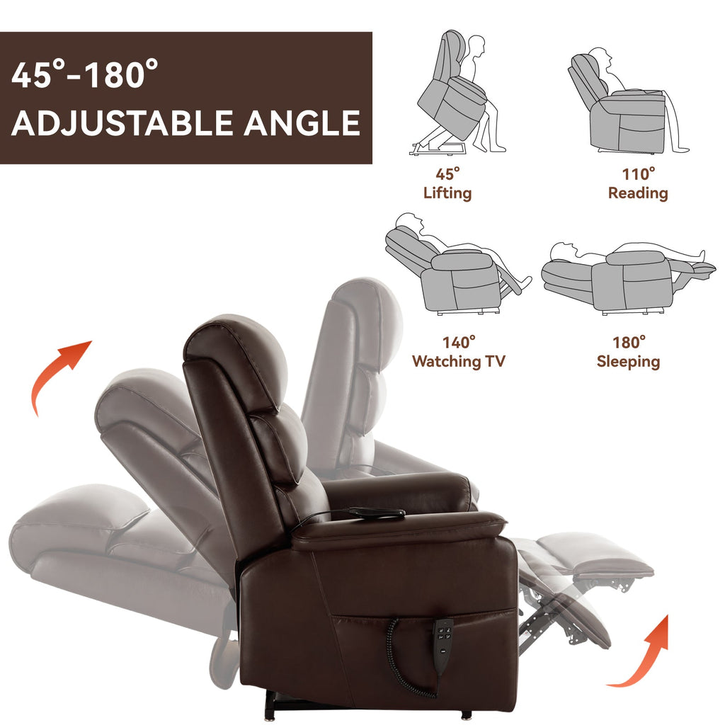 Brown Leather Power Lift Recliner Chair 350 LBS Heat Massage