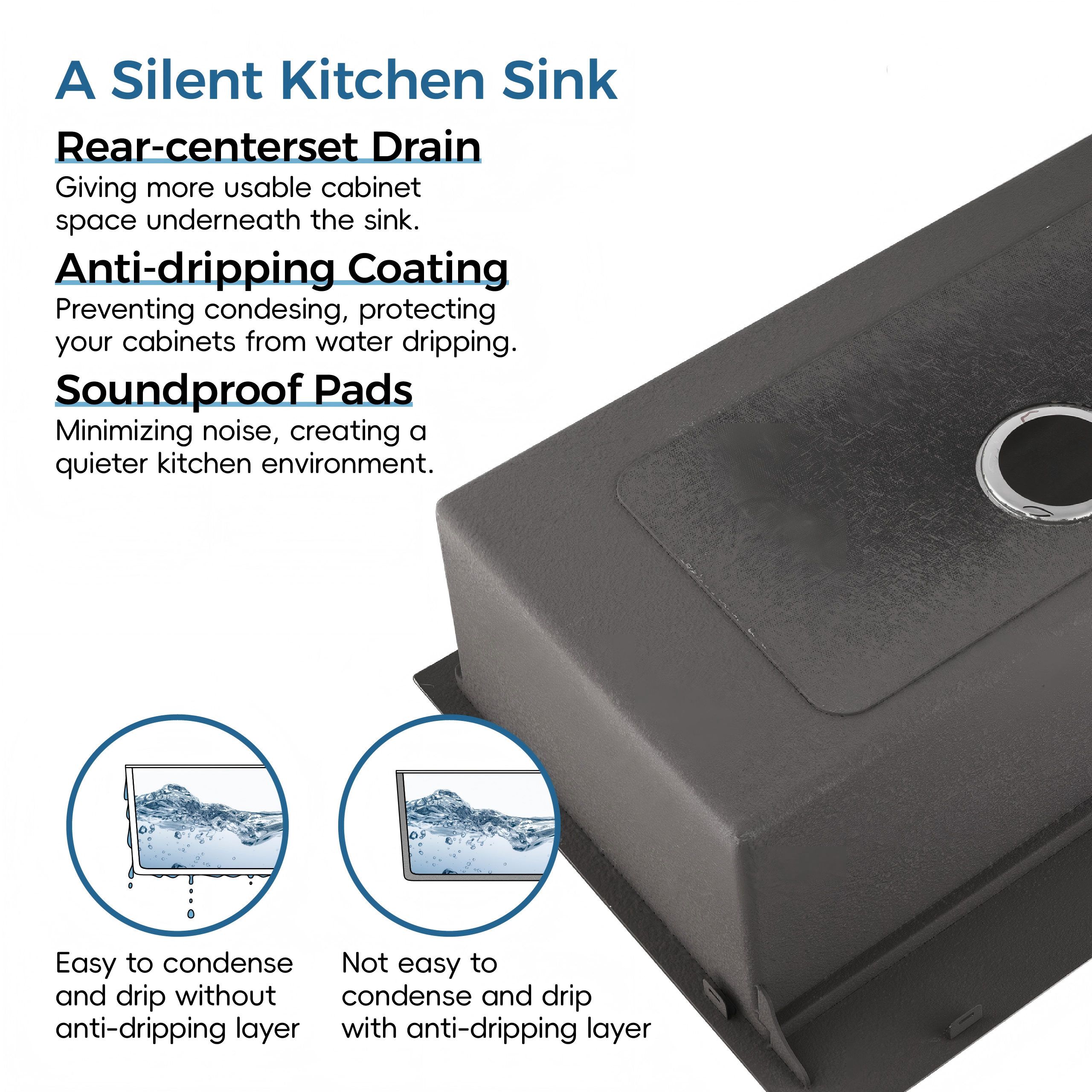 Stainless Steel Undermount Kitchen Sink 23"x19" Single Bowl Black