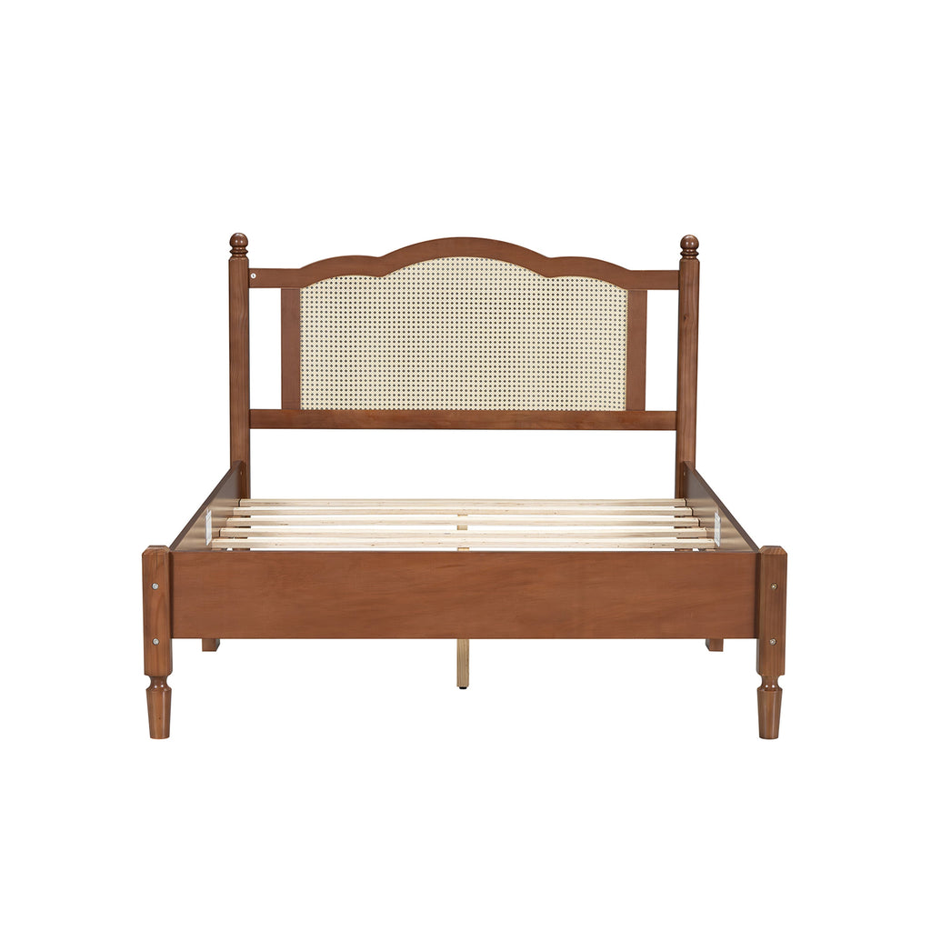 Full Size Wooden Platform Bed with Rattan Headboard