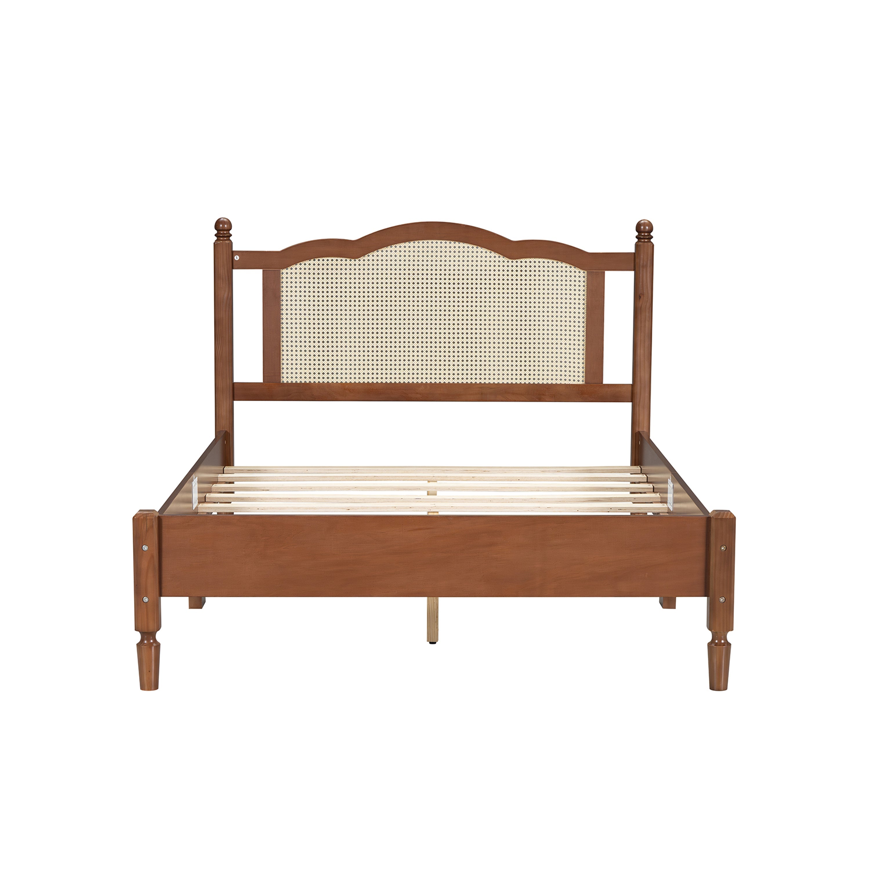 Full Size Wooden Platform Bed with Rattan Headboard