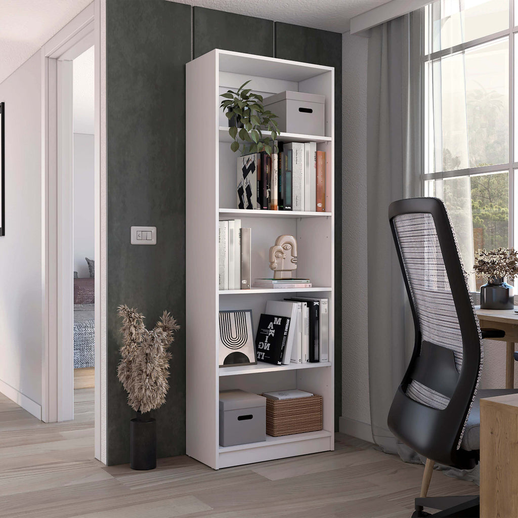 White 4-Shelf Bookcase with Multi-Tiered Storage for Office