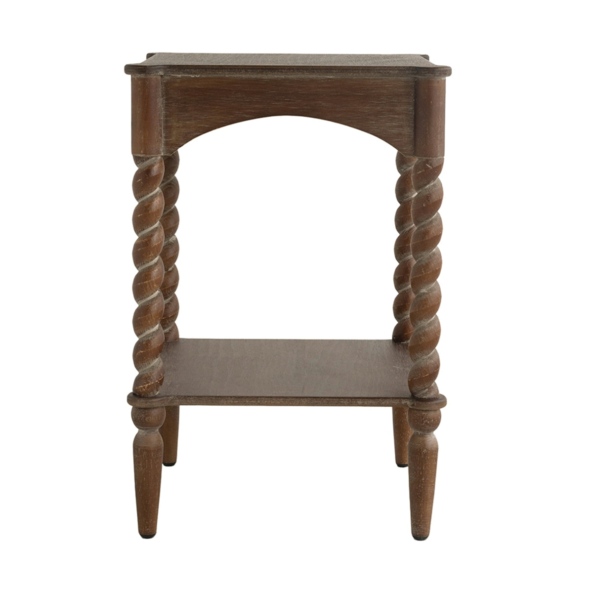 Distressed Brown Wood Side Table Spiral Legs Shelf