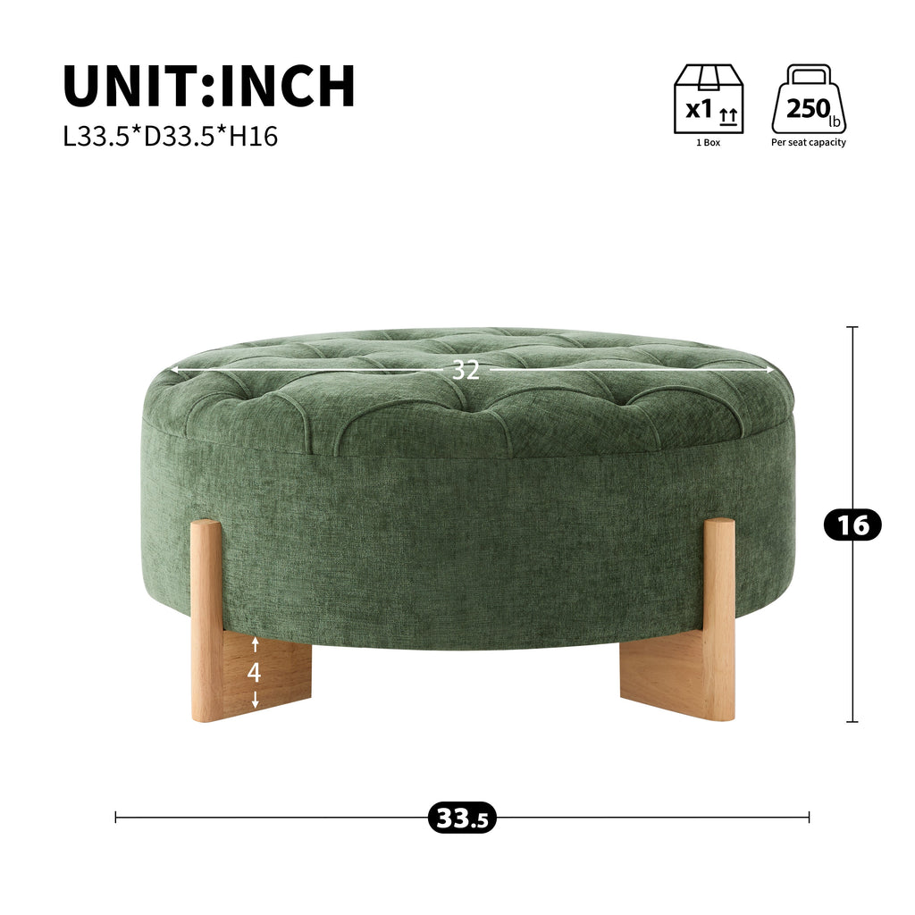 32' Round Tufted Ottoman with Solid Wood Legs, Chenille Fabric Footrest
