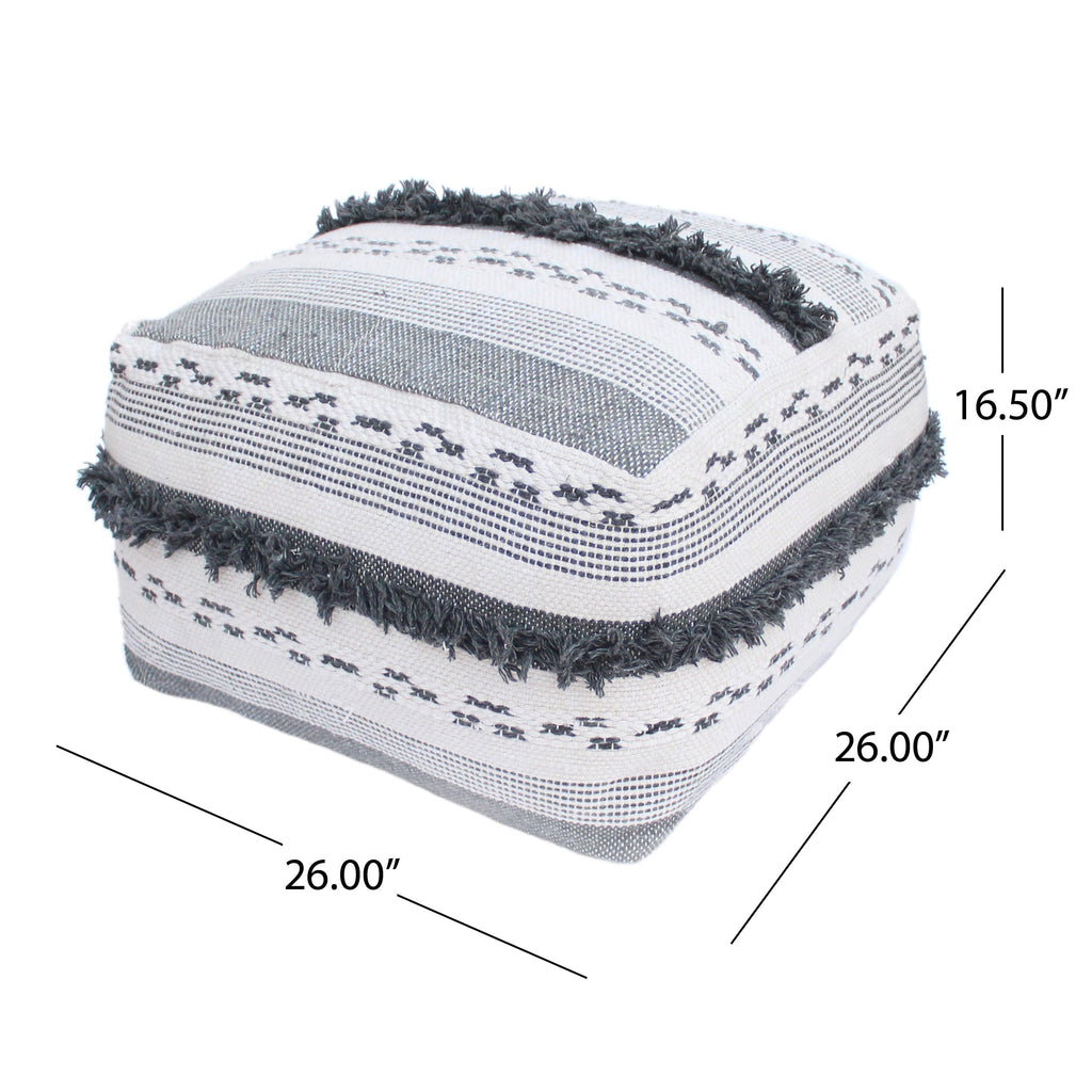 Large Faux Yarn Pouf, Ivory Grey Fabric, 26x26 Inches