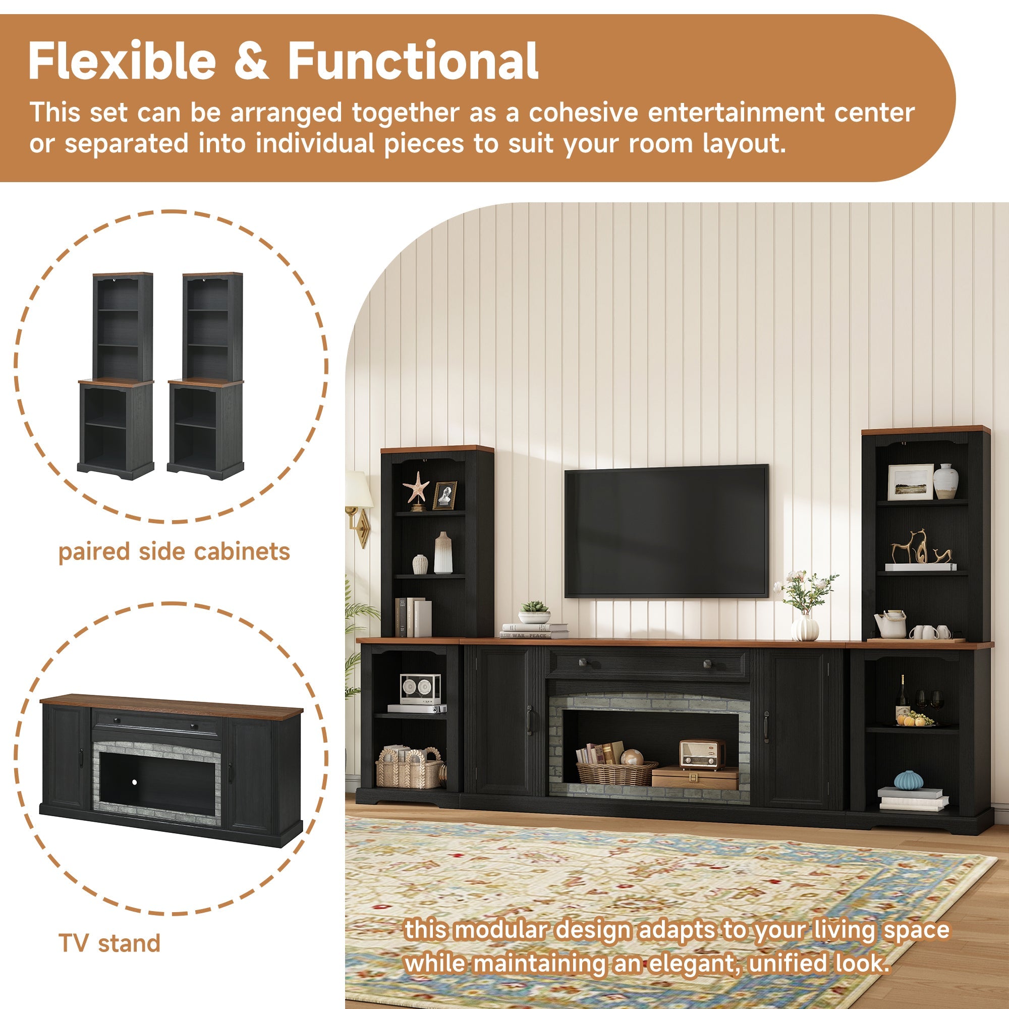 TV Stand 3-Piece Set MDF Walnut Gray Curved Cabinets Fits 70 In TV 109 In