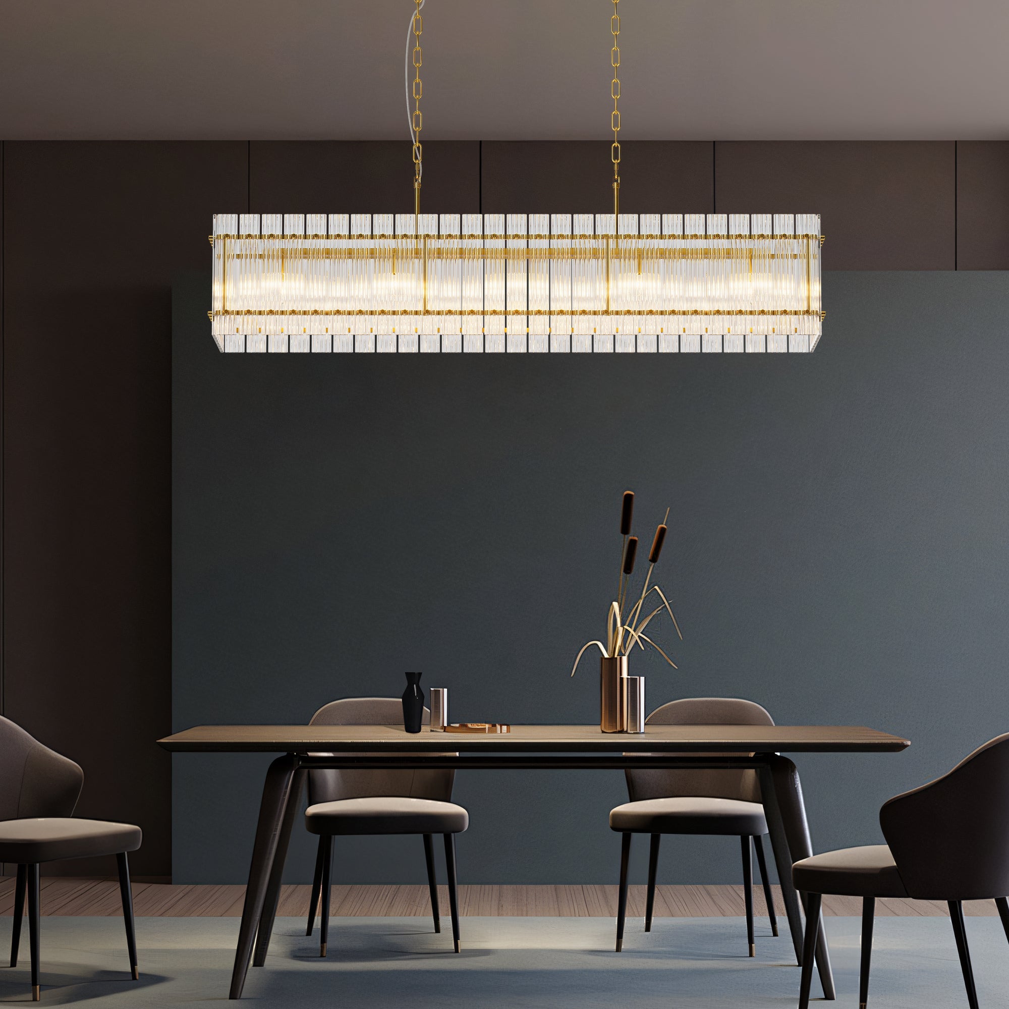 Chandelier Crystal Glass 10-Light Gold Modern Rectangular Pendant Dining