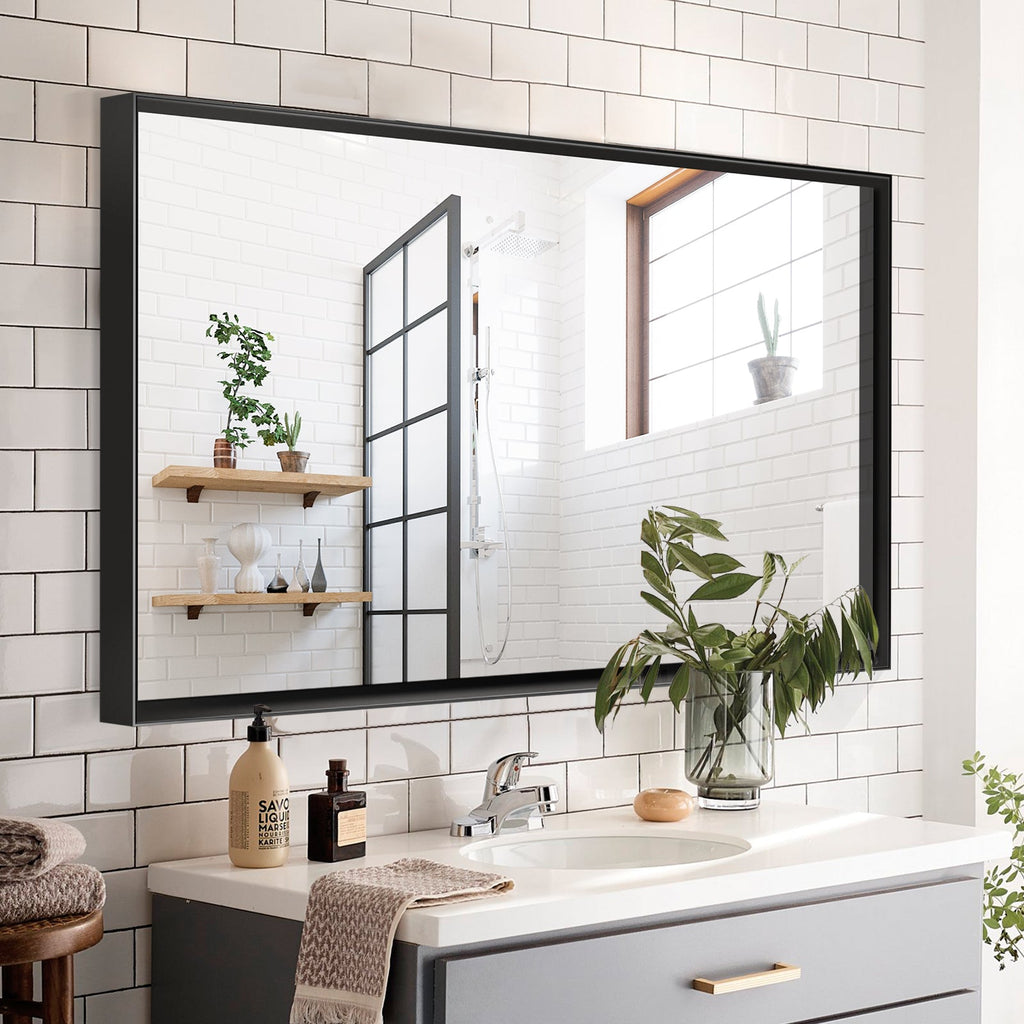 40x30" Glossy Black Bathroom Vanity Mirror Rectangle Wall Mount
