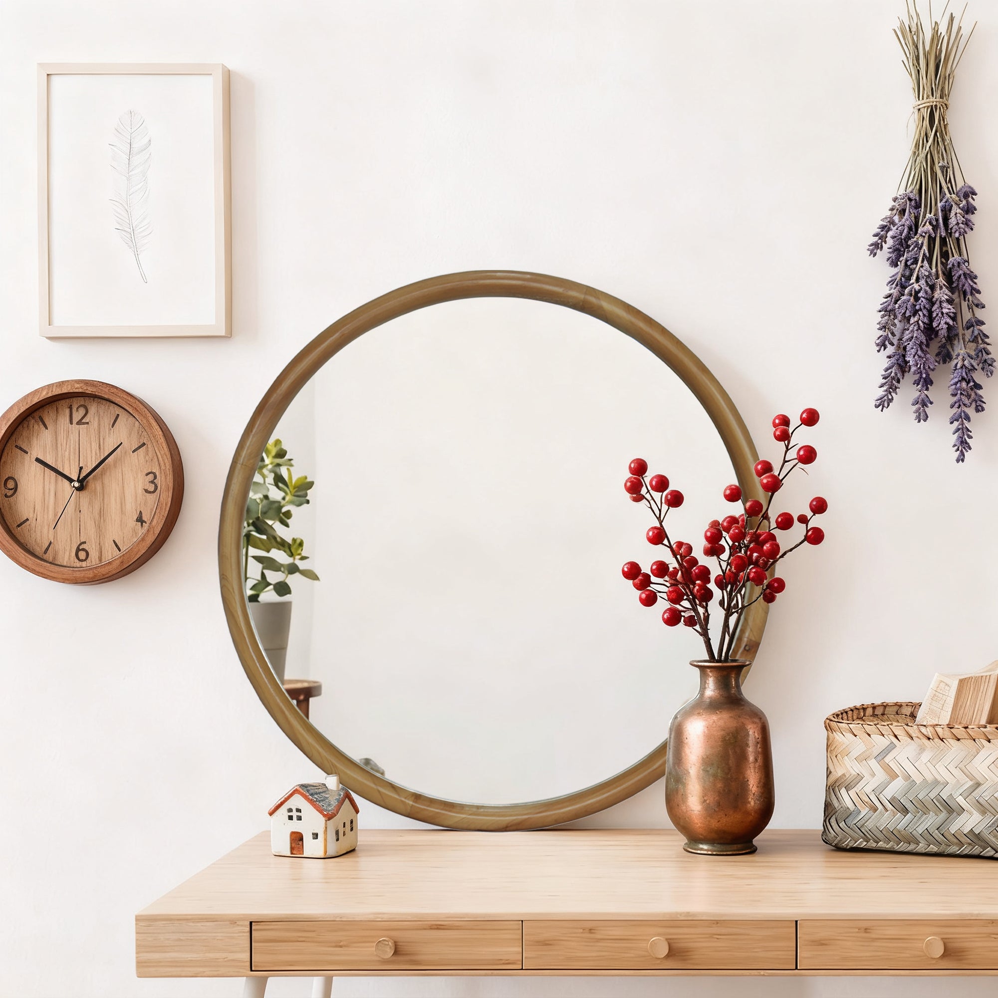 23.62" Round Wood Frame Wall Mirror Mid-Century Modern