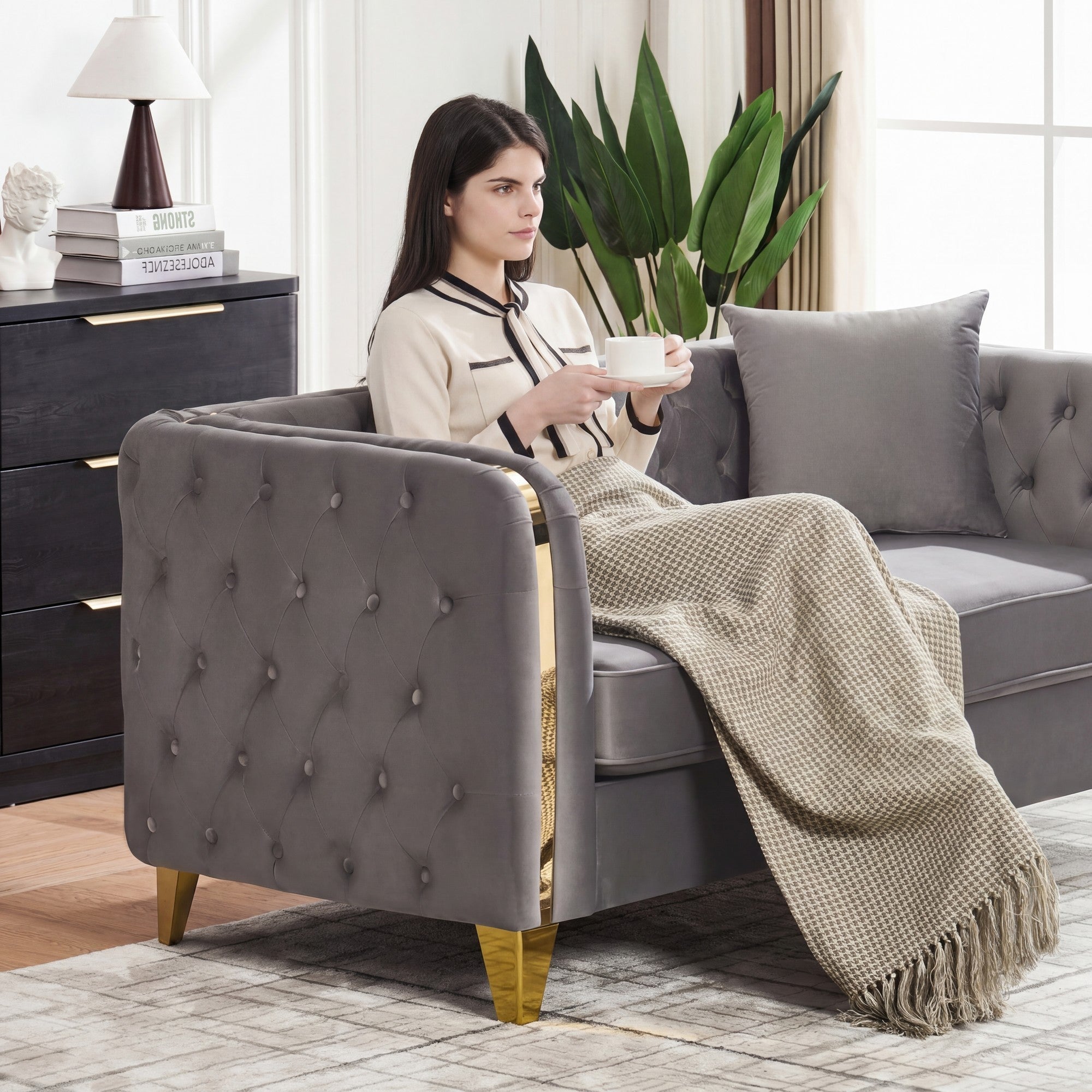61" Velvet Button Tufted Chesterfield Loveseat Sofa Gold Legs