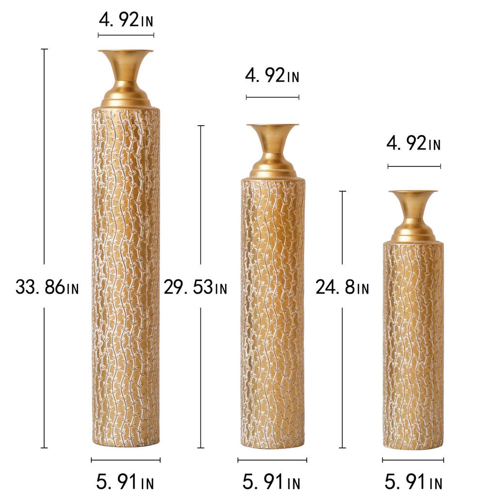 Set of 3 Gold Distressed Metal Vases with Vine Pattern 34