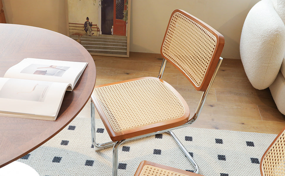Set of 2 Rattan Side Chairs with Chrome Legs, Mid Century Modern