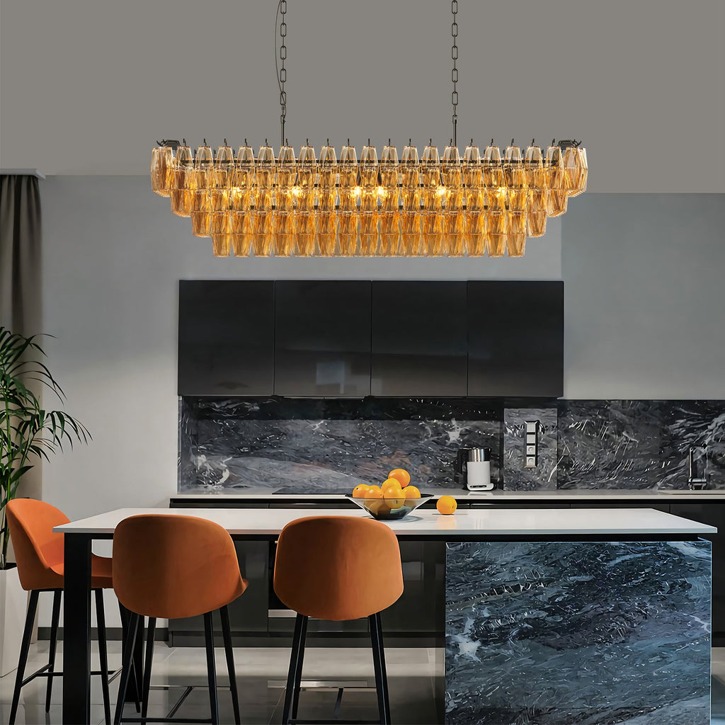 Chandelier Rectangle Black 12-Light 4-Tier Smoke Glass 54 In Farmhouse