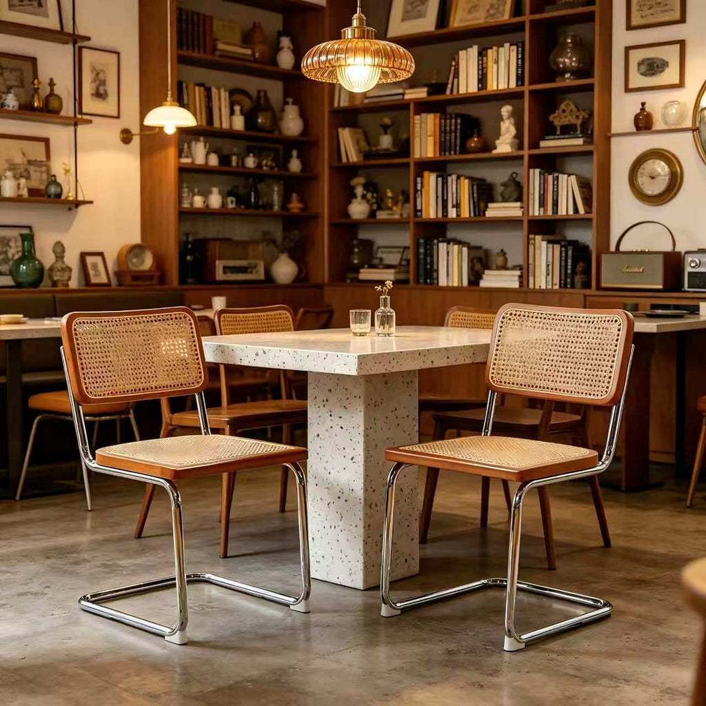 Set of 2 Rattan Side Chairs with Chrome Legs, Mid Century Modern