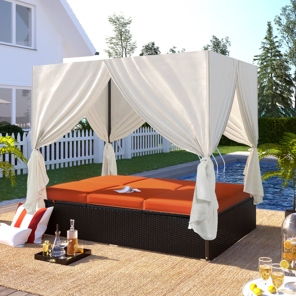 Outdoor Double Chaise Lounge Daybed with Curtains,Patio Outdoor Sunbed with