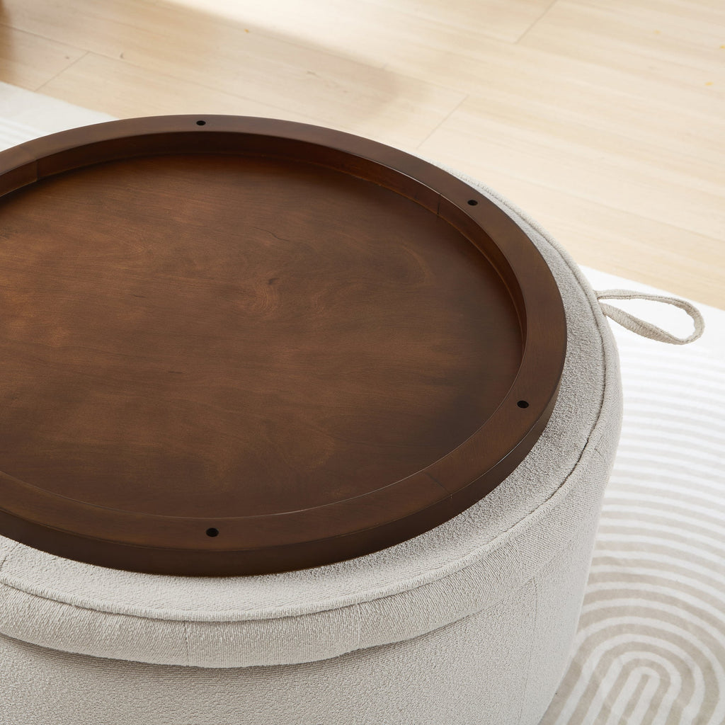 Round Storage Ottoman with Reversible Lid, Boucle Fabric Upholstered, Beige