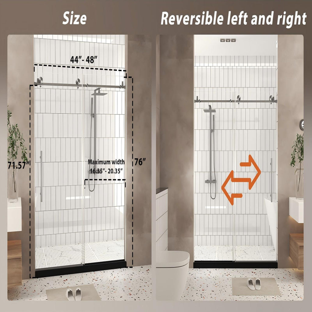 Frameless Shower Door 44-48" W x 76" H Tempered Glass