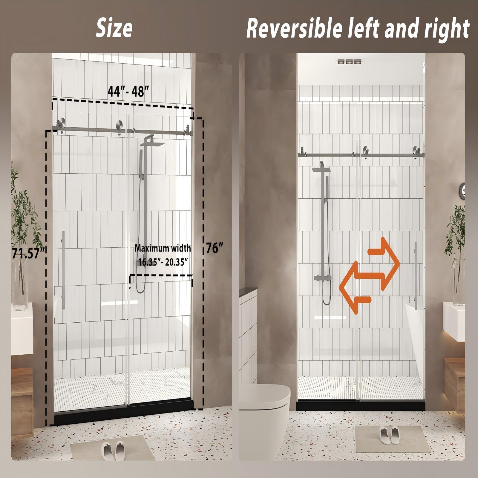 Frameless Shower Door 44-48" W x 76" H Tempered Glass