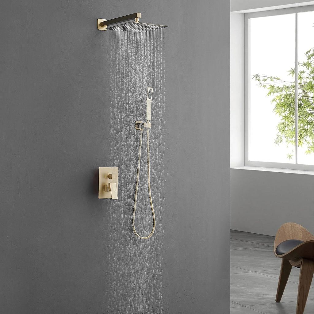 Brushed Gold 10" Rainfall Shower System Wall Mounted Mixer