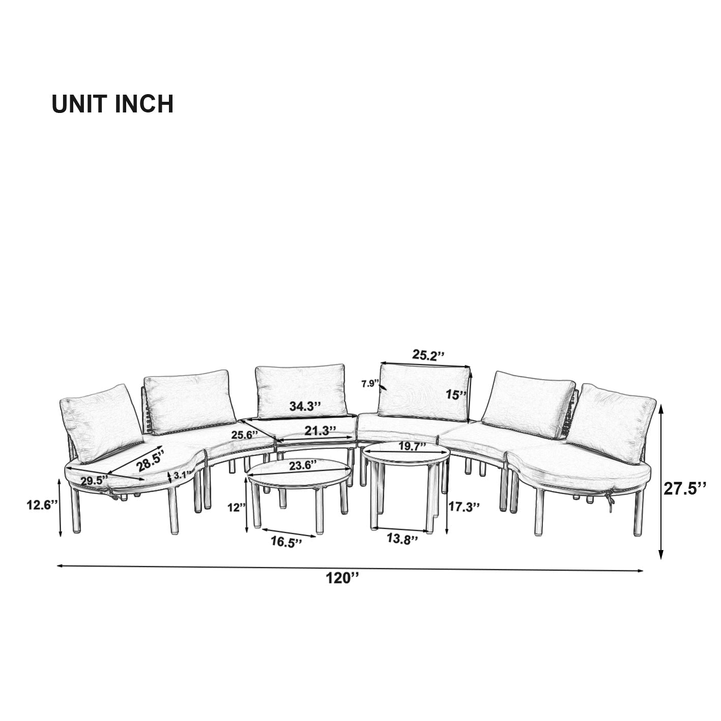Outdoor Sectional Set PE Wicker Aluminum Beige Half Moon 8 Piece