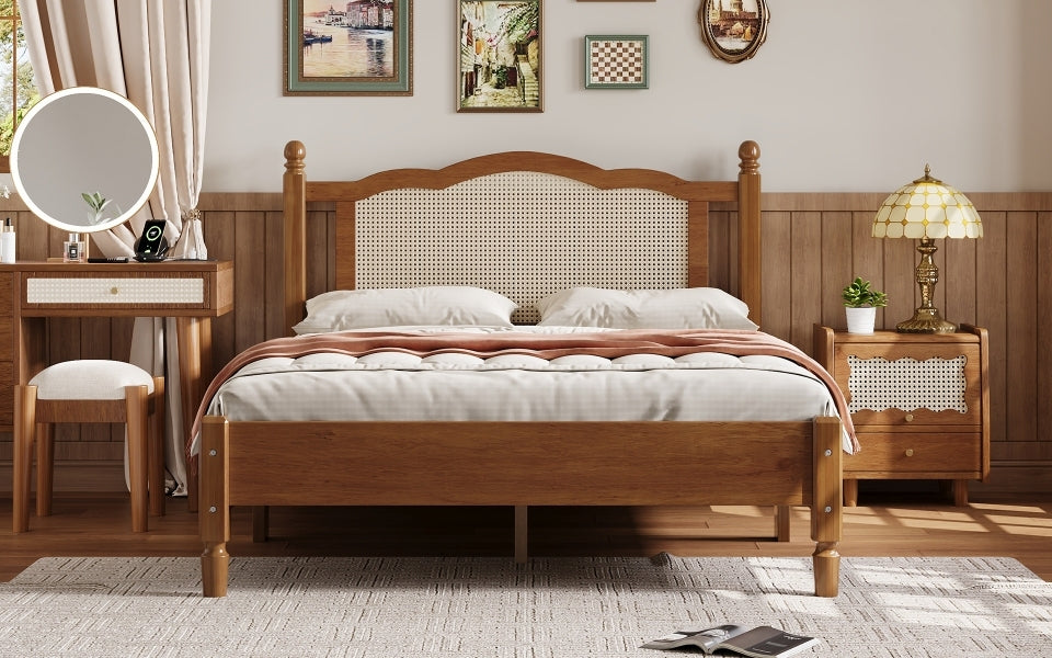 Full Size Wooden Platform Bed with Rattan Headboard